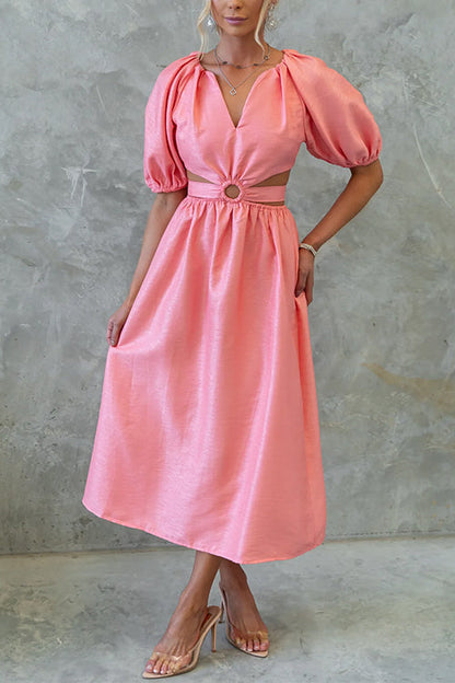 V Neck Puff Sleeves Bow Back Cut Out Midi Dress Pink