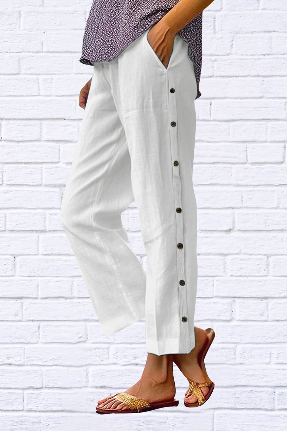 Full Size Side Decor Button Casual Wide Leg Pants Plus Size