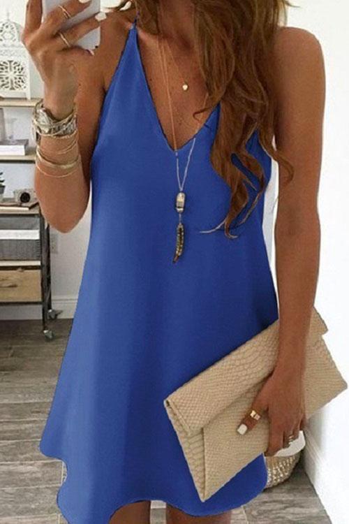 Rosiedress Solid V-neck Sleeveless Chiffon Swing Dress Blue