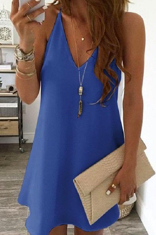 Solid V-neck Sleeveless Chiffon Swing Dress Blue