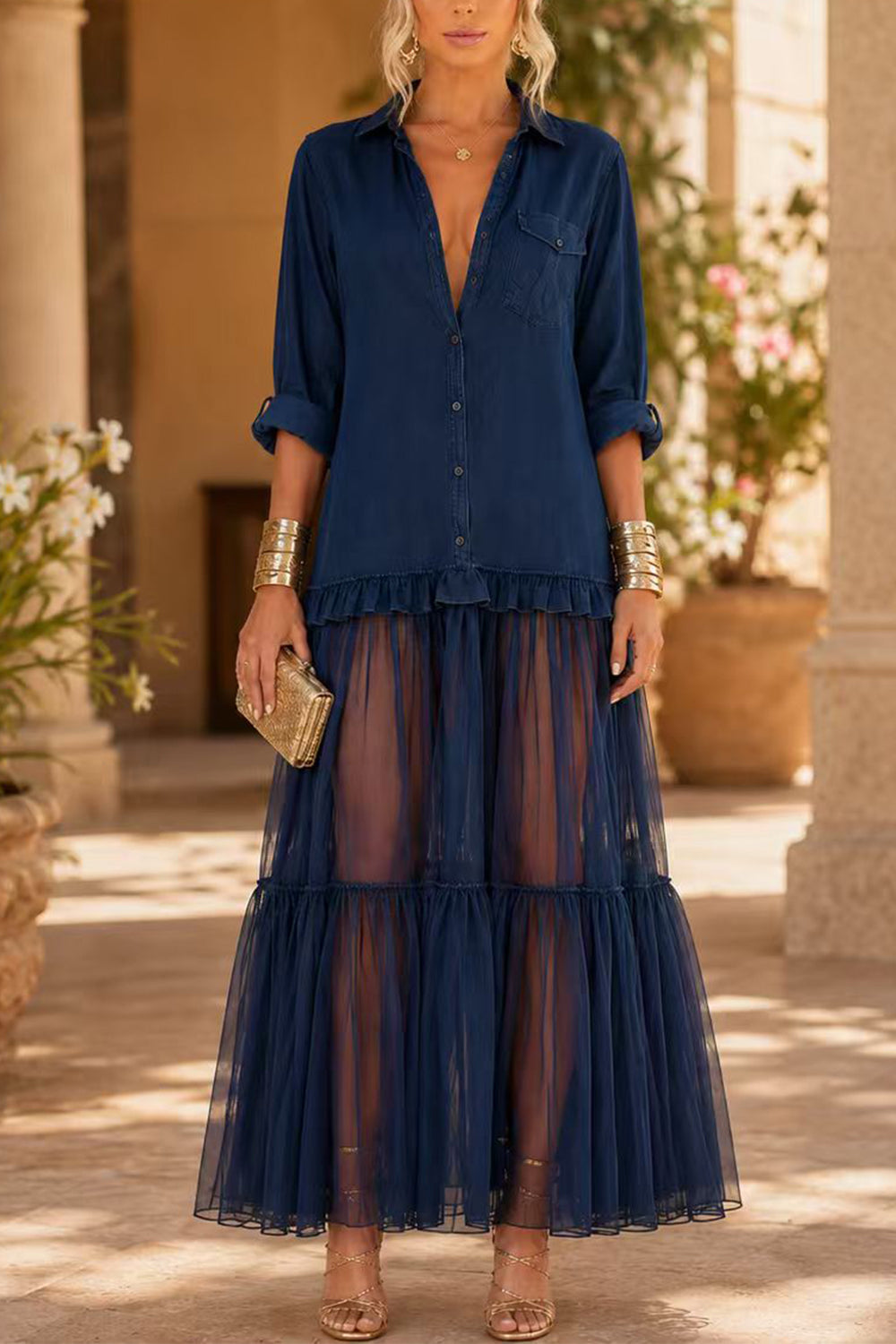 Lapel Long Sleeves Organza Splice Ruffle Denim Maxi Dress