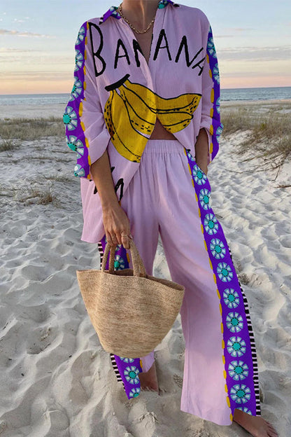 Banana Print Long Sleeves Blouse Shirt Wide Leg Pants Resort Wear Set Purple
