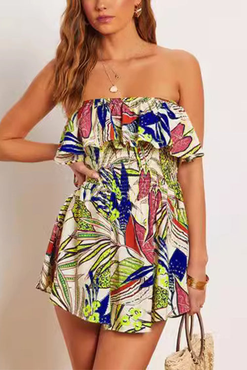 Ruffle Off Shoulder Smocked Waist Printed Mini Dress Yellow