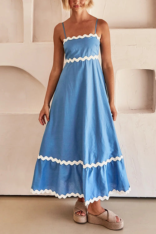 Rosiedress Spaghetti Strap High Waist Ric Rac Ruffle Maxi Dress Lake Blue