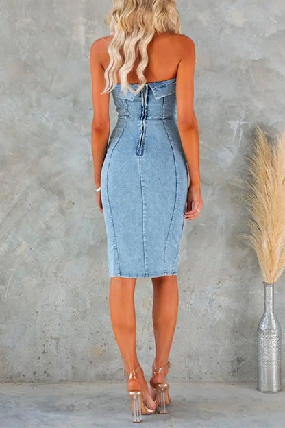 Rosiedress Strapless Waisted Slit Knee Length Bodycon Denim Dress