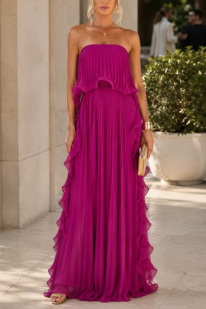 Strapless Tube Ruffle Pleated Swing Maxi Dress