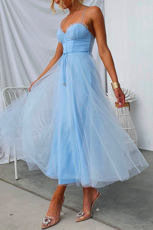 Open Back Waisted Swing Maxi Cami Tulle Dress LightBlue
