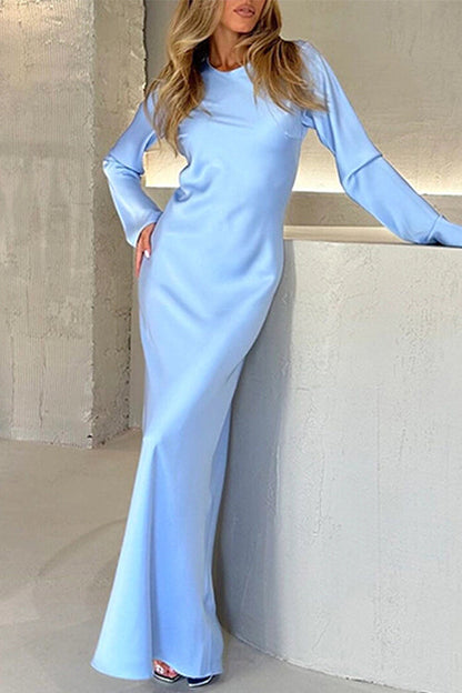 Rosiedress Round Neck Long Sleeves Satin Maxi Party Dress