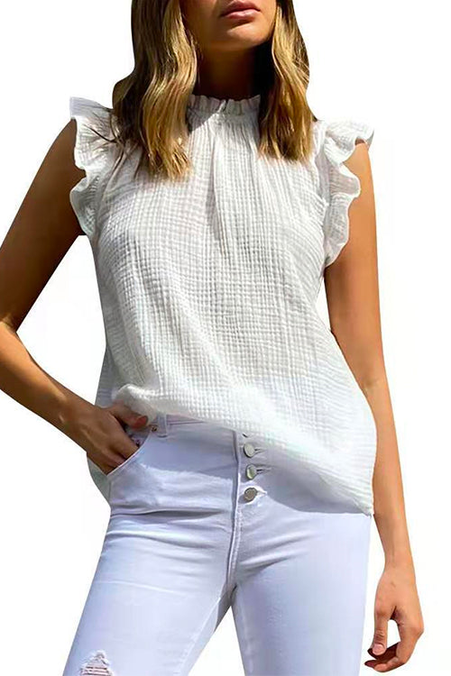 Mockneck Sleeveless Ruffle Trim Chiffon Top White