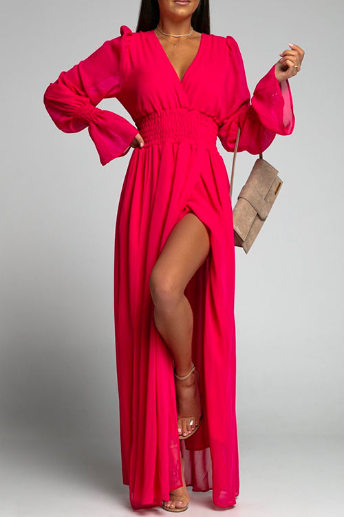 Rosiedress V Neck Long Sleeve Smocked Waist Maxi Slit Dress