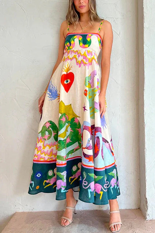 Spaghetti Strap Unique Printed Swing Maxi Dress