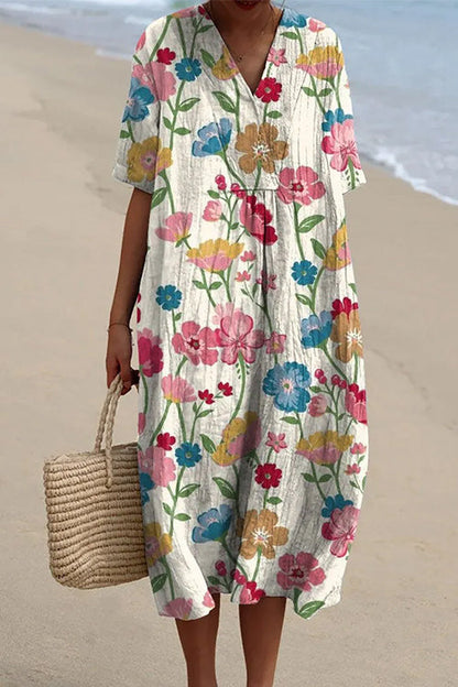 V Neck Short Sleeves Floral Print Loose Midi Vacation Dress Pink