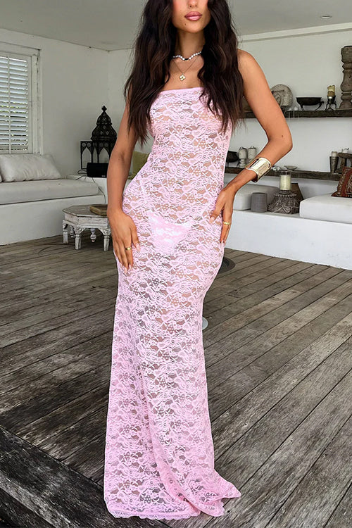 Strapless Sheer Lace Cover Up Maxi Bodycon Dress Pink