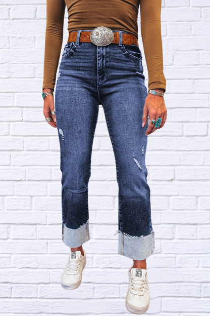 Folded Cuffs Distressed Straight High Waist Jeans