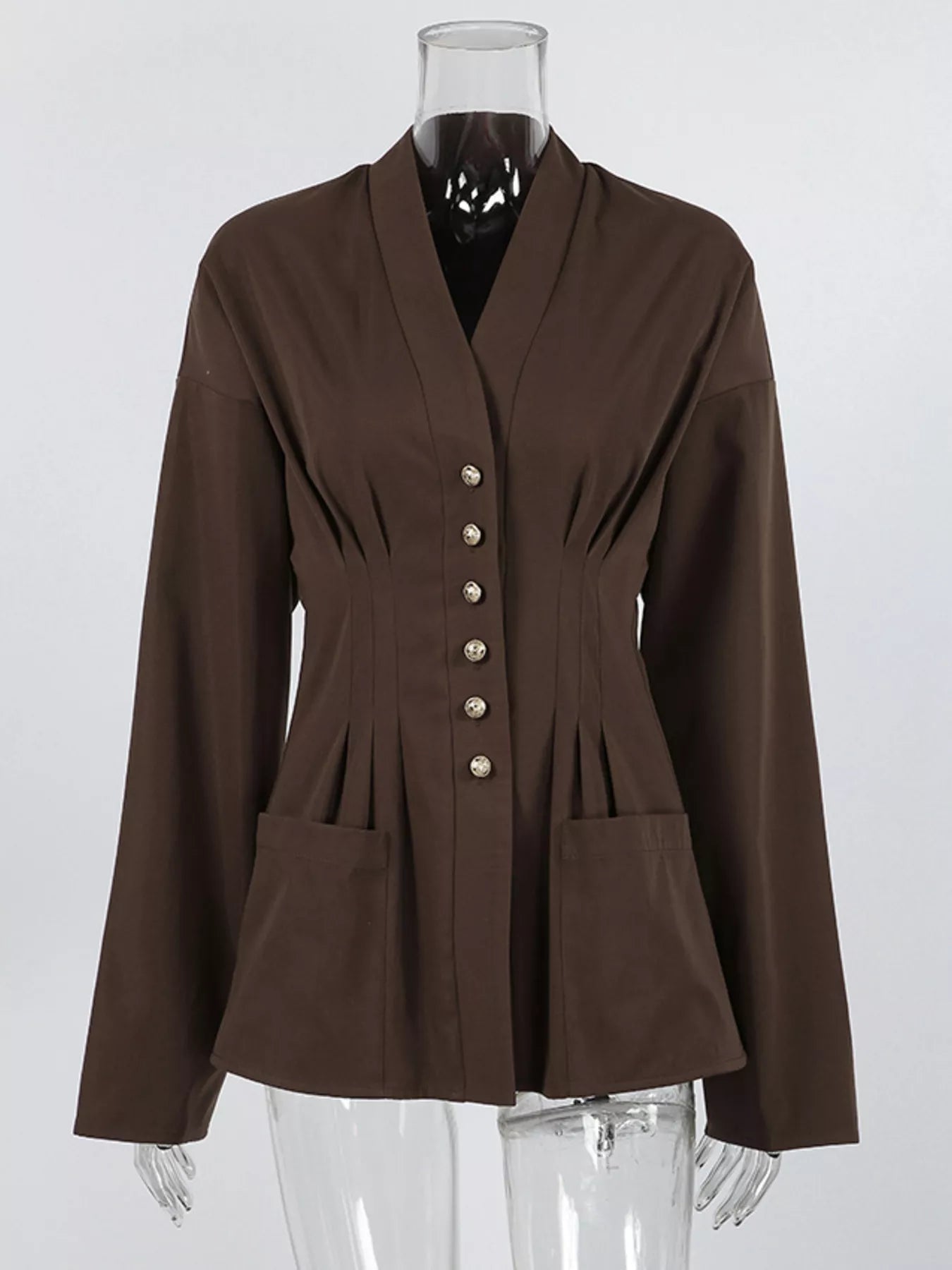 Pleated Waist Blouse with Button Detail