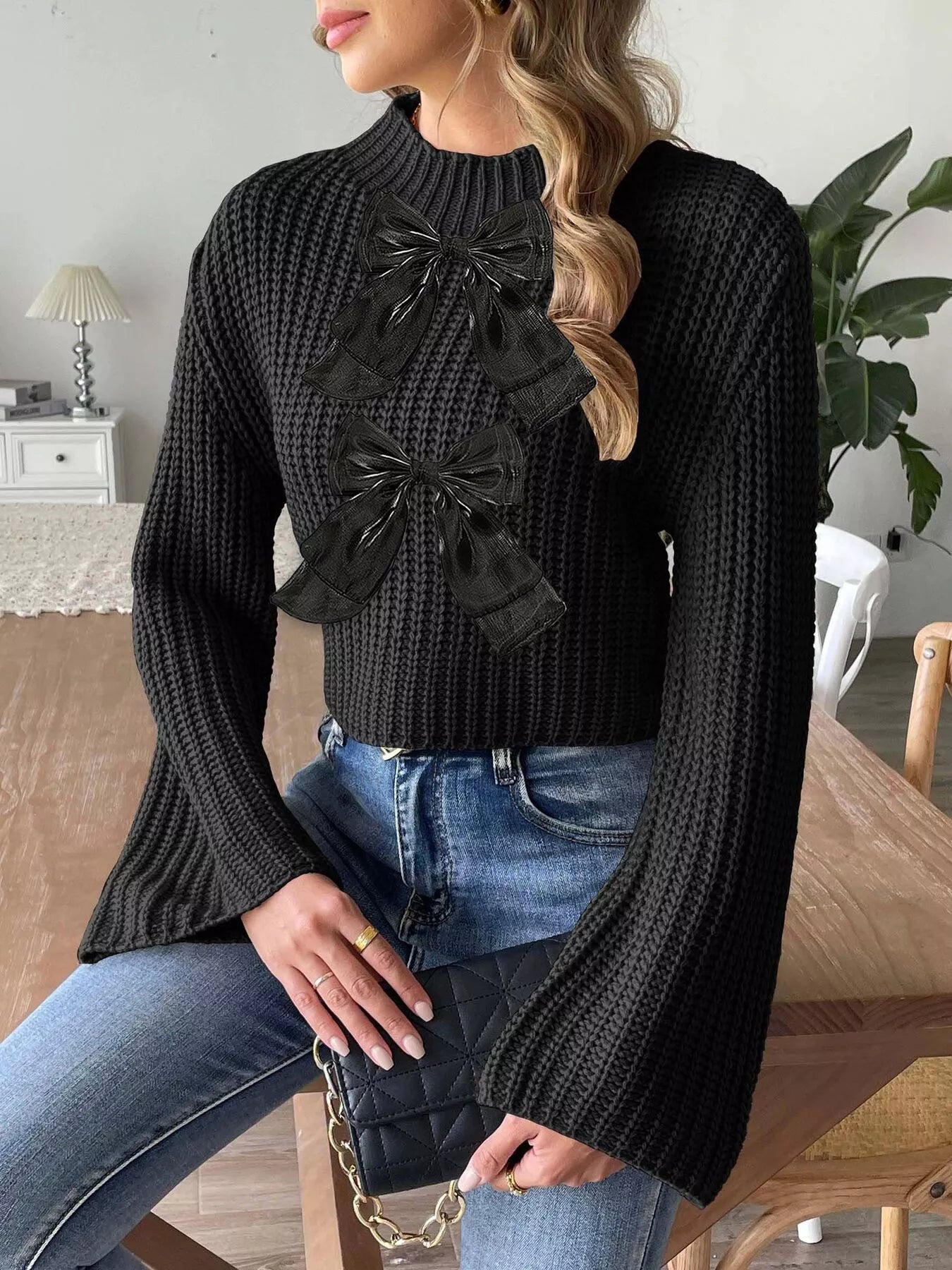 Bow-Decorated Mock Neck Cropped Sweater