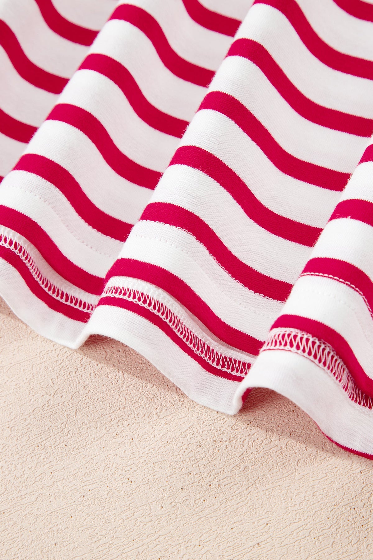 Red Stripe Scalloped Trim Round Neck T Shirt