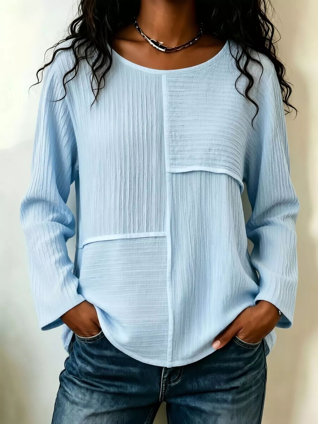 Women's Textured Patchwork Long Sleeve Top
