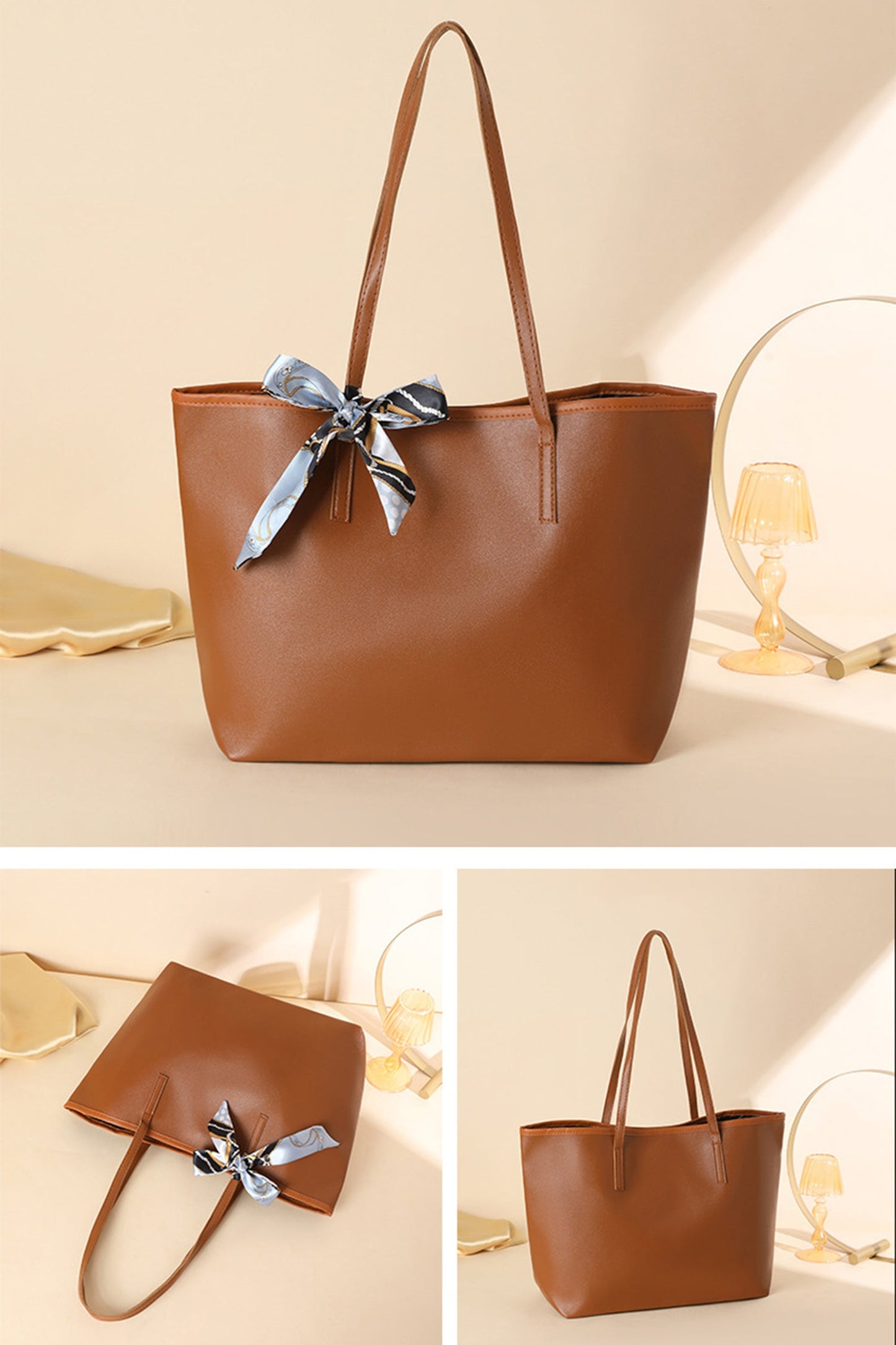 Chestnut Solid Color Large Capacity PU Leather Bag with Ribbon Detail