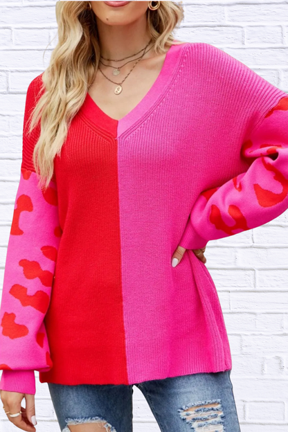 Color Block Leopard V-Neck Sweater