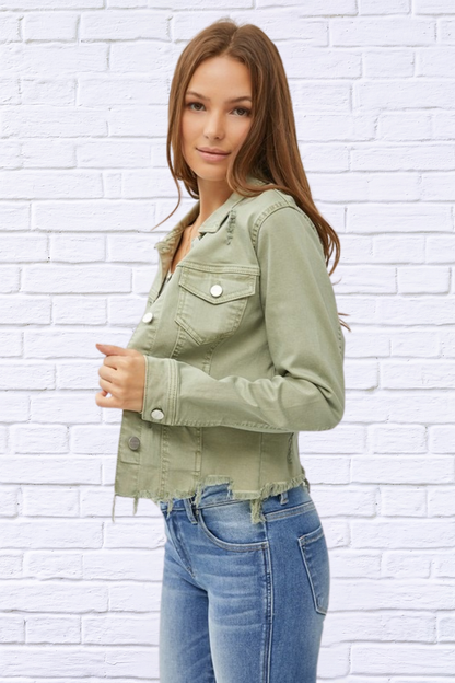 Full Size Raw Hem Button Up Cropped Denim Jacket Plus Size