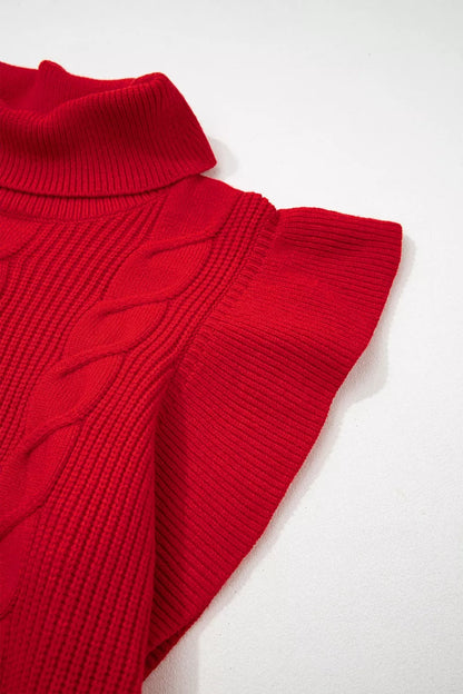 Cable Knit Turtleneck Ruffled Short Sleeve Sweater