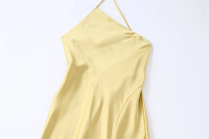 Asymmetrical Yellow Satin Slim-fit Dress