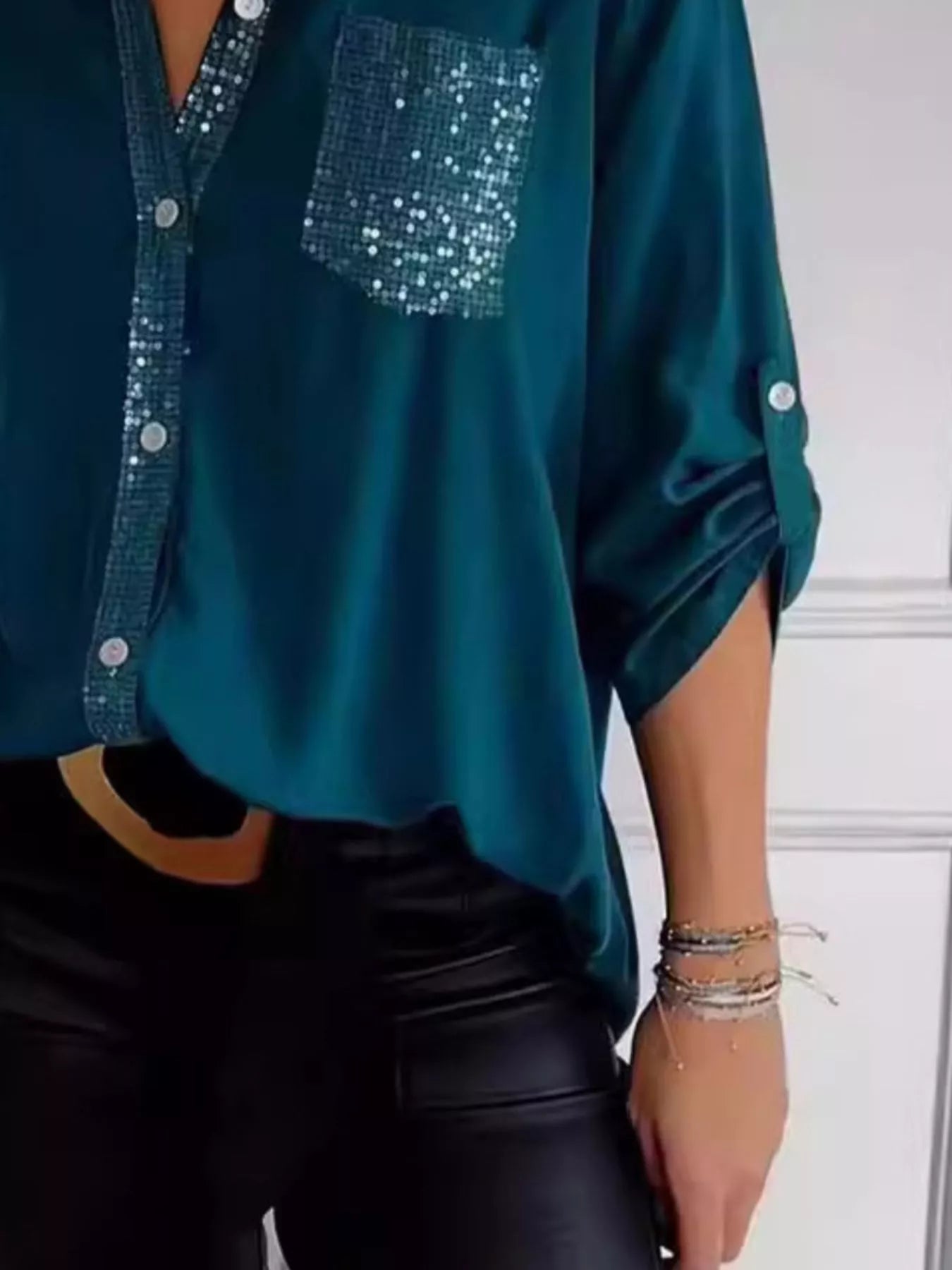 Full Size Sequin Detail Button-Down Shirt Plus Size