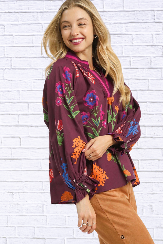 Umgee Floral Print Flounce Sleeve Blouse