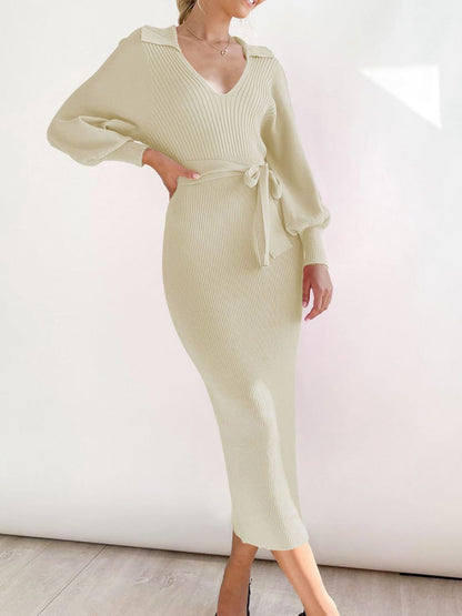 Blue Zone Planet | Tied Long Sleeve Wrap Sweater Dress