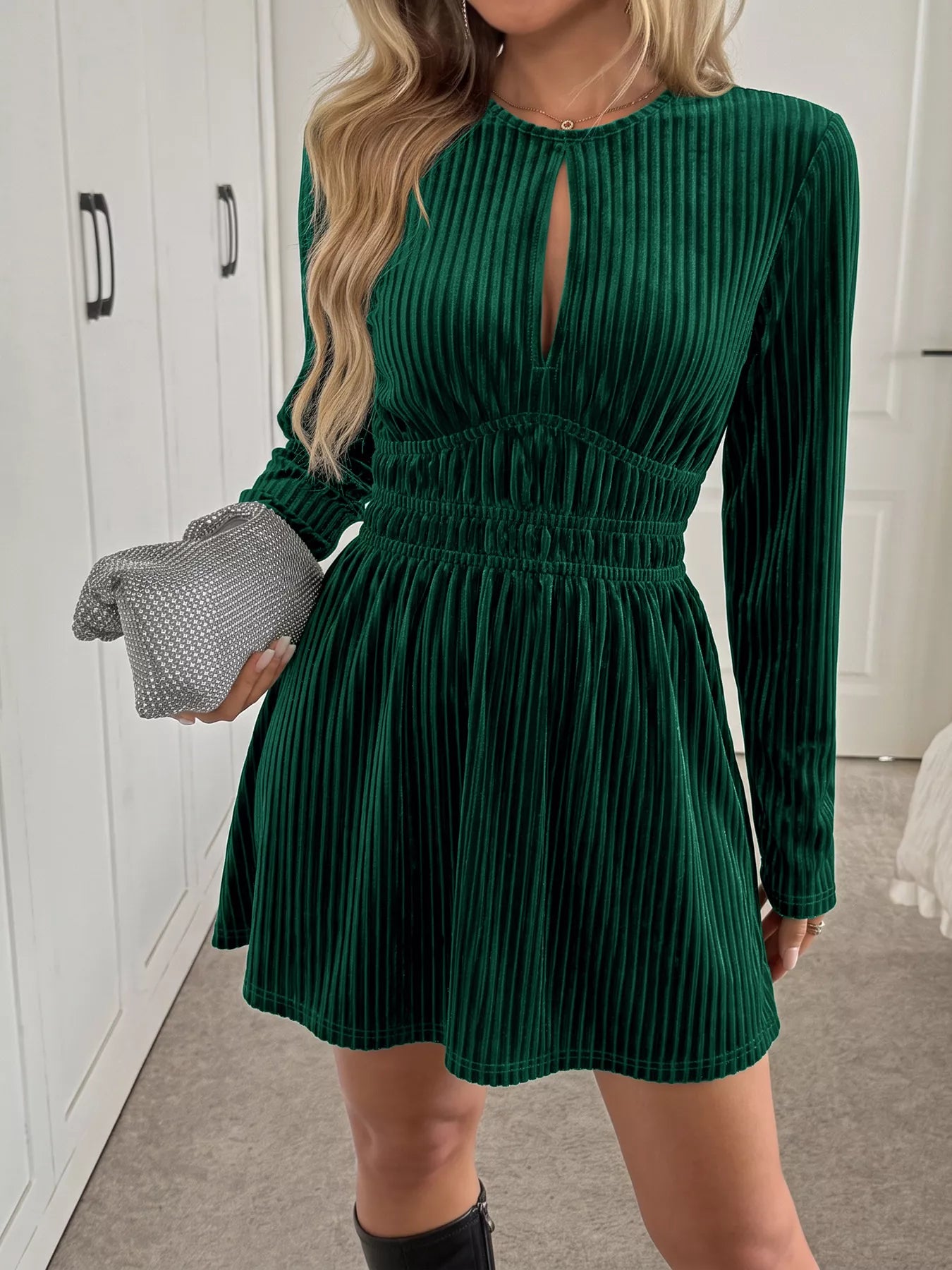 Ribbed Keyhole Long Sleeve Mini Dress