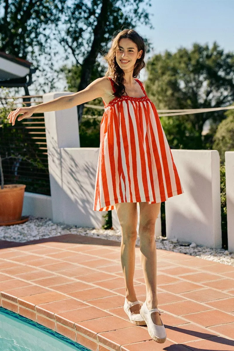 SO ME Gestreiftes Baumwoll-Minikleid mit Muschelmuster und seitlichen Taschenfutter