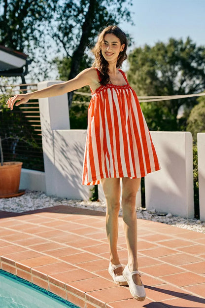 SO ME Gestreiftes Baumwoll-Minikleid mit Muschelmuster und seitlichen Taschenfutter