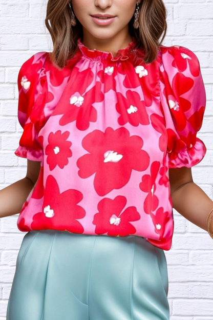 Ruffled Printed Floral Mock Neck Short Sleeve Blouse