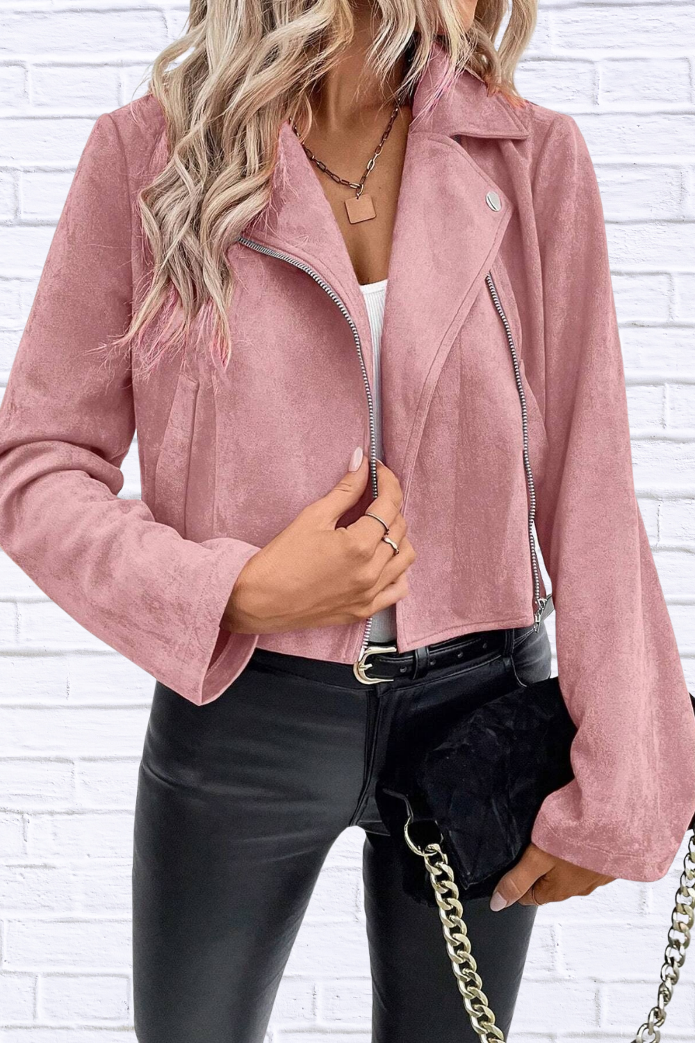 Zip Up Suede Cropped Moto Jacket