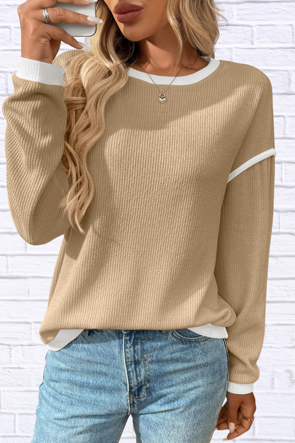 Ribbed Contrast Trim Long Sleeve Top