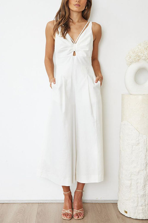 Rosiedress Ruched V Neck Cut Out Sleeveless Wide Leg Jumpsuit White