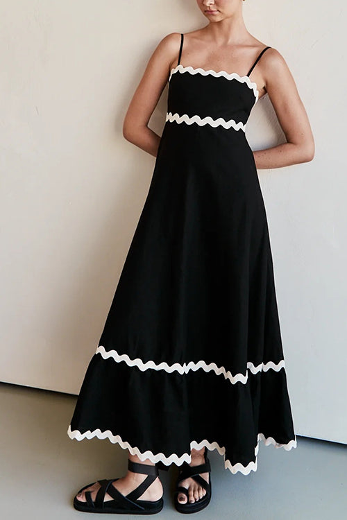Spaghetti Strap High Waist Ric Rac Ruffle Maxi Dress Black