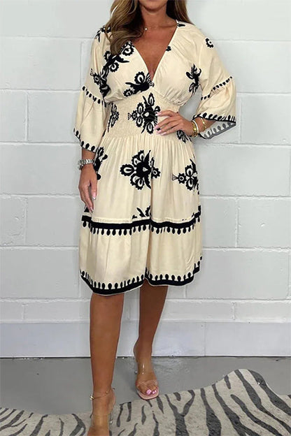 V Neck 3/4 Sleeves High Waist Printed Dress Khaki