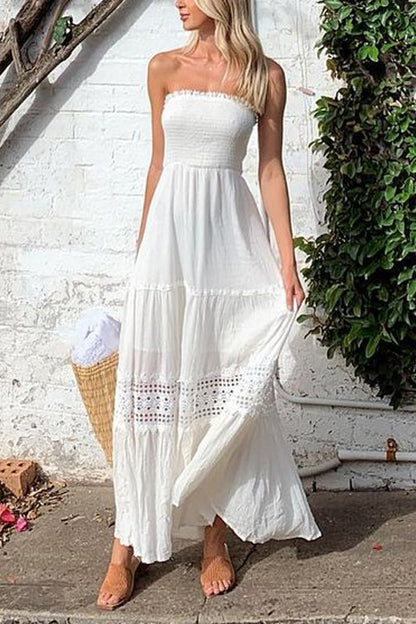 Rosiedress Strapless Tube Hollow Out Lace Splice Tiered Maxi Dress