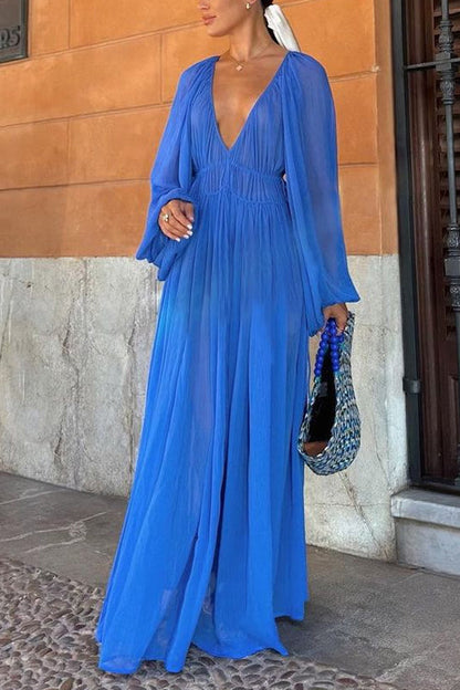 Deep V Neck Drawstring Waist Flowy Maxi Beach Cover-up Dress Blue