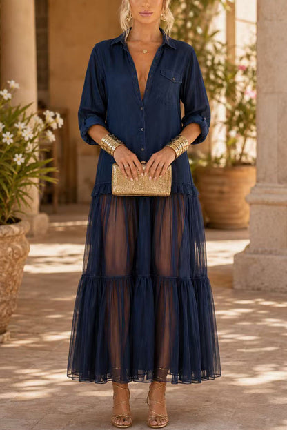 Lapel Long Sleeves Organza Splice Ruffle Denim Maxi Dress