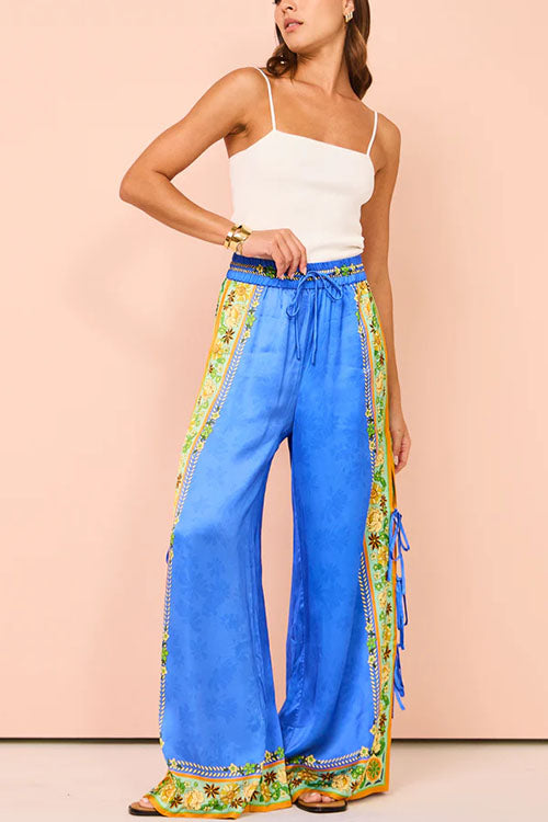 Rosiedress Bow Tie Side Split Cami Top Wide Leg Pants Printed Satin Set