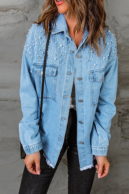 Pearls Beading Raw Hem Distressed Denim Shirt Jacket
