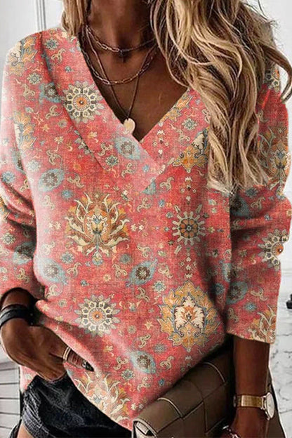 Rosiedress V Neck Long Sleeves Unique Print Top