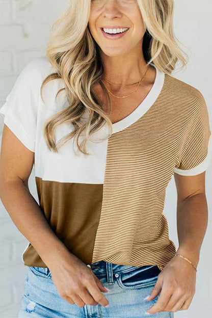 Rosiedress V Neck Stripe Splice Color Block T-shirt Khaki