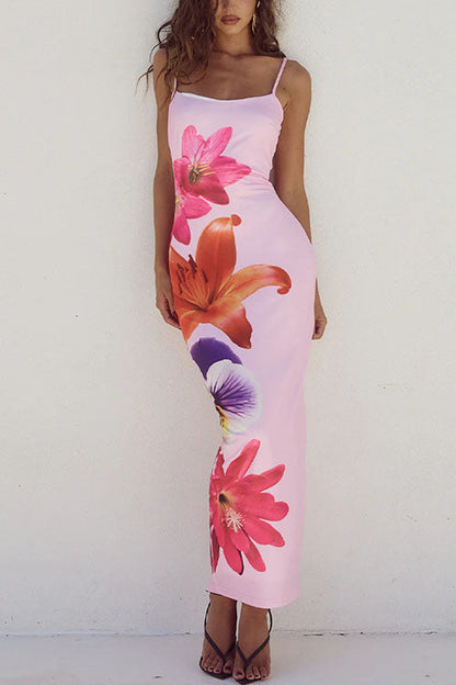 Rosiedress Spaghetti Strap Back Slit Lily Print Bodycon Maxi Dress