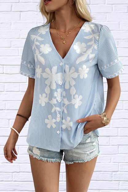 Floral Striped V-Neck Short Sleeve Shirt – Where Classic Meets Playful