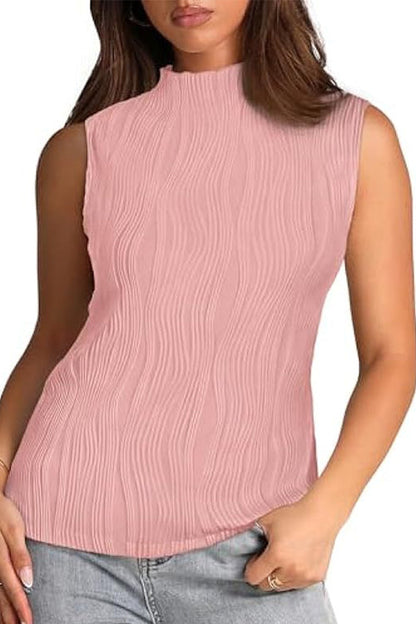 Rosiedress Sleeveless Mockneck Textured Summer Top Pink