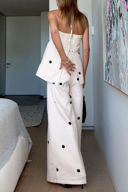 Ensemble haut bustier à pois et pantalon palazzo à jambes larges